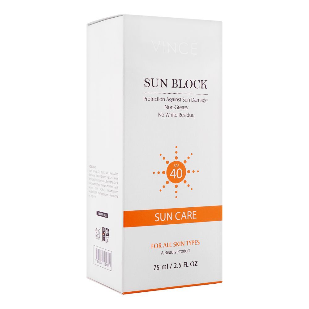 Vince Suncare Spf 40 Sun Block, All Skin Types, 75ml, Skin Treatments, Vince, Chase Value