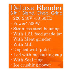 Sayona Deluxe Blender 3-In-1 Blend, Chop & Grind, 500W, SB-4409