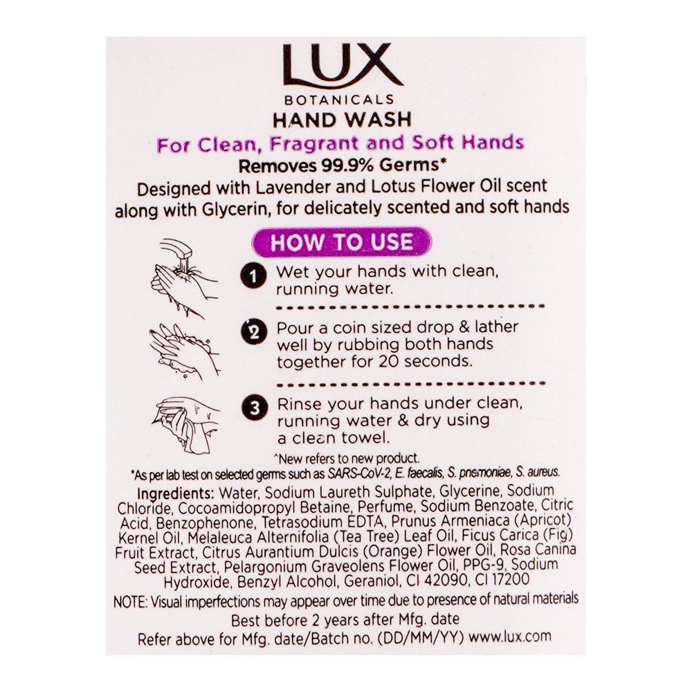 Lux Botanicals Lavender & Lotus Flower Oil Scent Hand Wash, 220ml, Face Washes, Lux, Chase Value