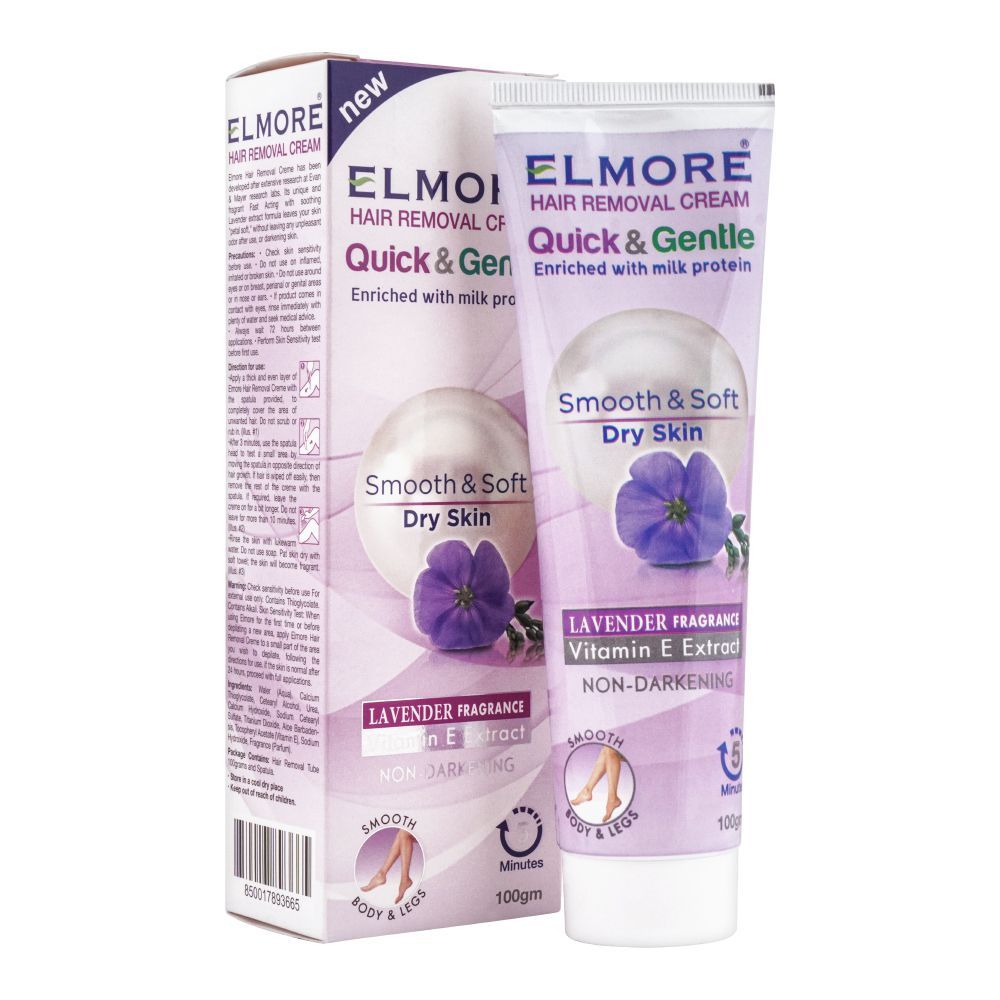 Elmore Quick & Gentle Soft & Smooth Lavender Fragrance Dry Skin Hair Removal Cream, 100g, Hair Removal, Elmore, Chase Value