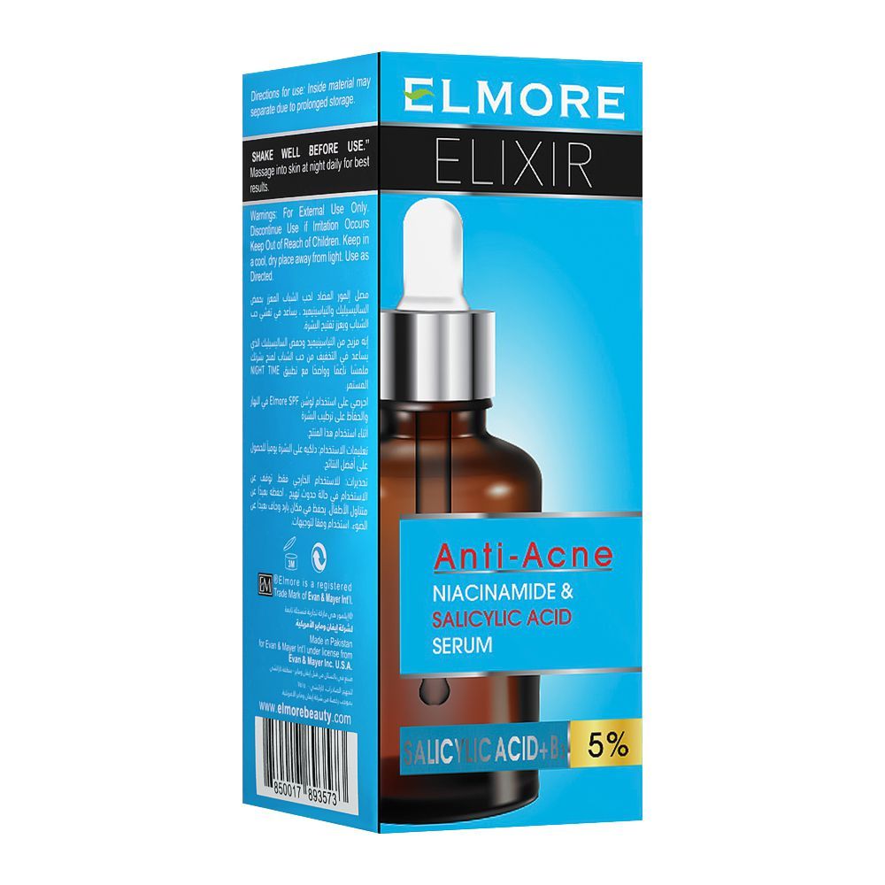 Elmore Elixir Anti-Acne Niacinamide & Salicylic Acid+B3 5% Serum, 30ml, Oils & Serums, Elmore, Chase Value