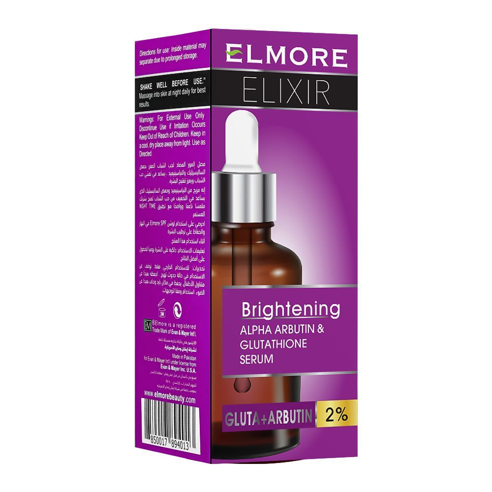 Elmore Elixir Brightening Alpha Arbutin & Glutathione 2% Serum, 30ml, Oils & Serums, Elmore, Chase Value