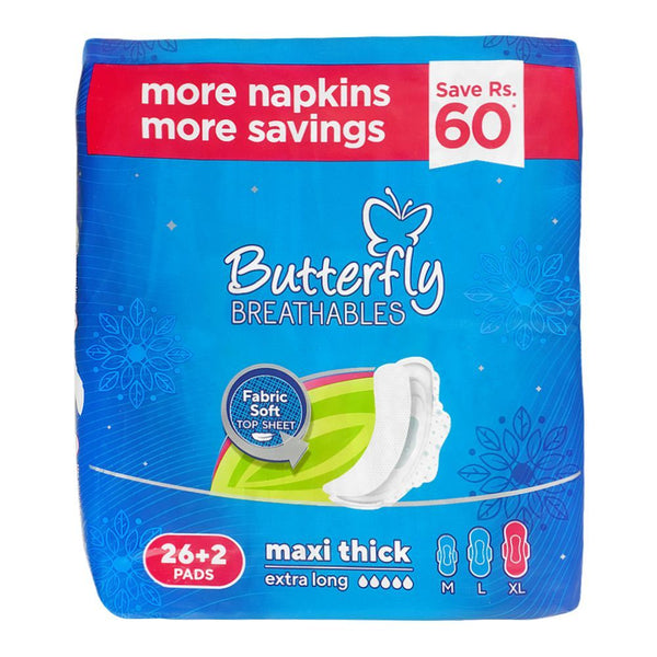 Butterfly Breathables Maxi Thick Extra Large, Value Pack, 26+2-Pack, Sanitory Napkins, Butterfly, Chase Value