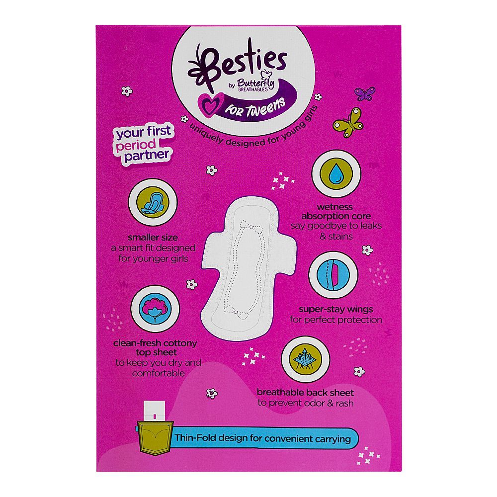 Butterfly Breathables Besties For Tweens Ultra-Thin Sanitary Napkins Regular, Suitable For 10-12 Years, 8-Pack, Sanitory Napkins, Butterfly, Chase Value