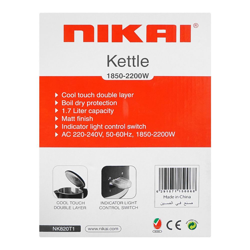 Nikai Kettle, 1.7 Liter, 1850-2200W, NK-820TI, Coffee Maker & Kettle, Nikai, Chase Value