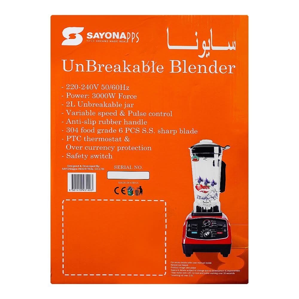 Sayona Professional Unbreakable Blender, 3000W, SB-4529, Juicer Blender & Mixer, Sayona, Chase Value