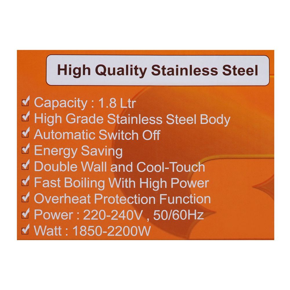 Sayona Electric Stainless Steel Kettle, 1.8 Liter Capacity, Rotate 360 Degree, SK-4546, Coffee Maker & Kettle, Sayona, Chase Value