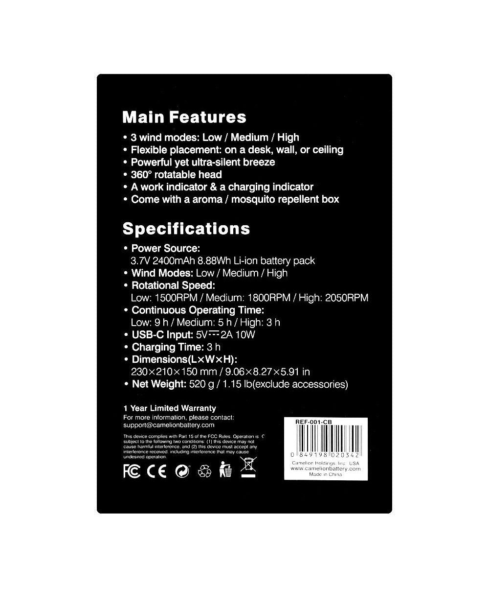 Camelion Mini Rechargeable Fan