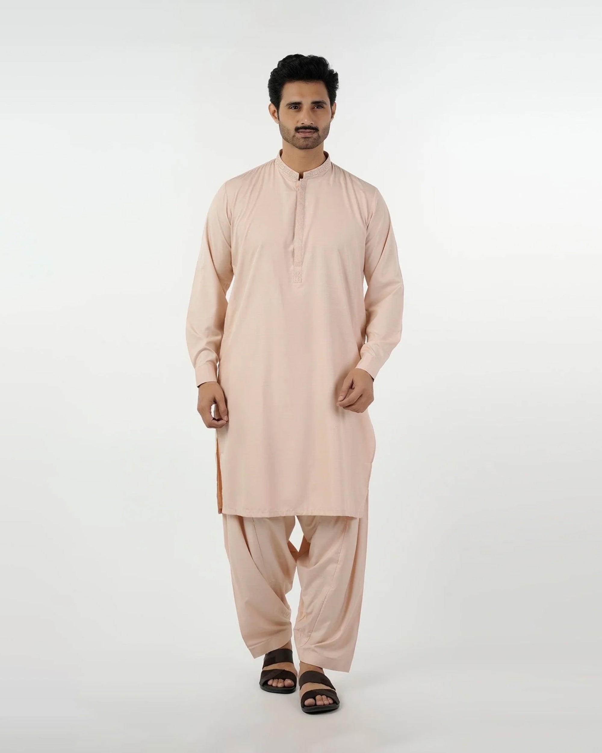 Eminent Men's Embroidered Kurta Shalwar Suit - Peach