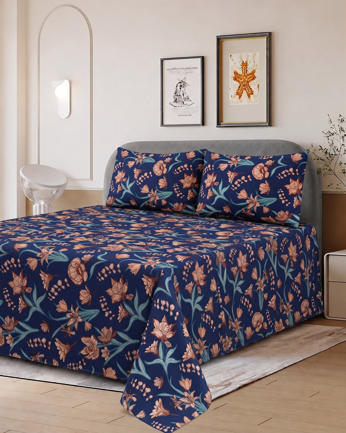 Printed Cotton Double Bed Sheets - 3 Pcs - 94 x 98 Inch