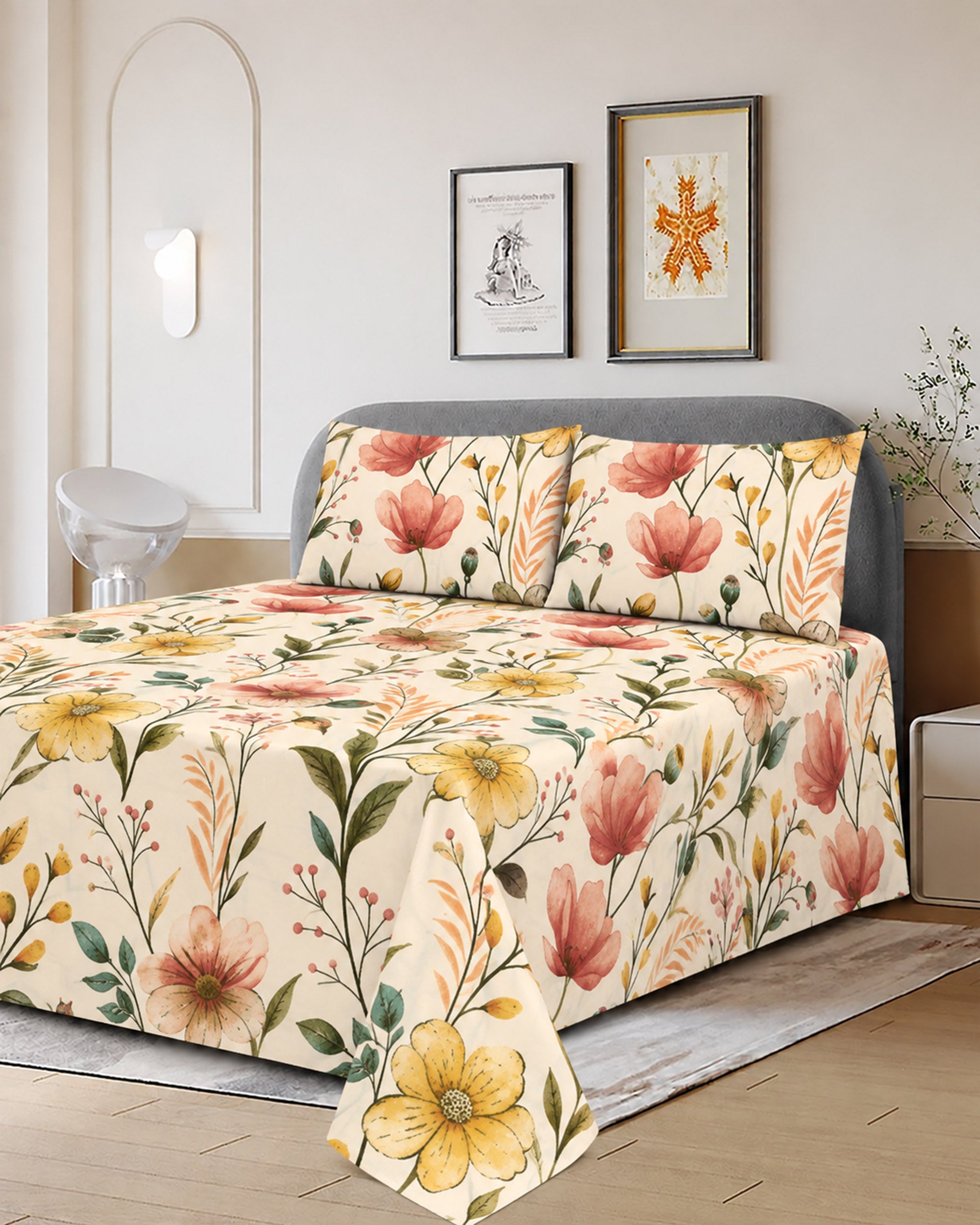 Printed Cotton Double Bed Sheets - 3 Pcs - 94 x 98 Inch