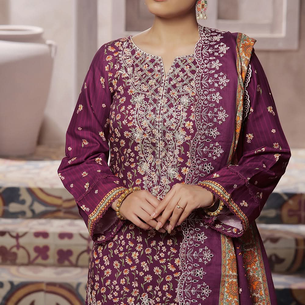 VS-ANMOL Cottel Printed Emboridered Unstitched 3pcs Suit With Emboridered Dupatta - 255, Women, 3Pcs Shalwar Suit, VS Textile, Chase Value