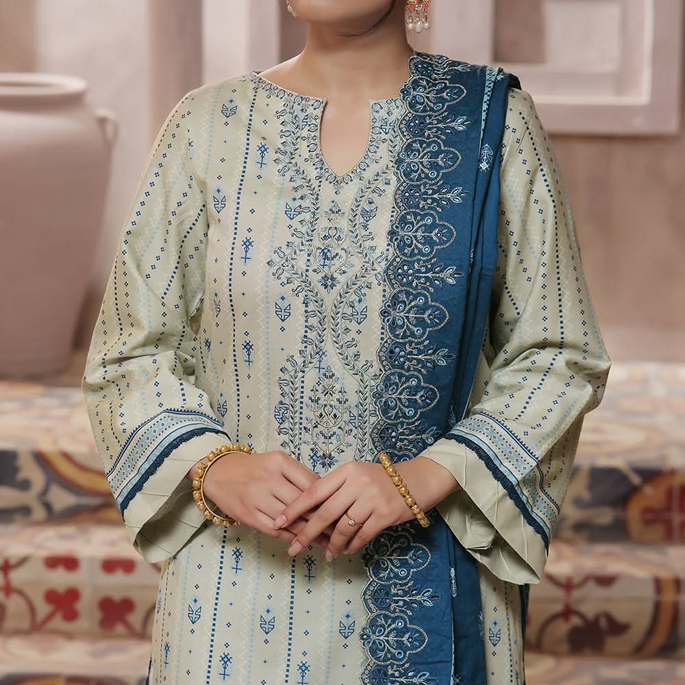 VS-ANMOL Cottel Printed Emboridered Unstitched 3pcs Suit With Emboridered Dupatta - 257, Women, 3Pcs Shalwar Suit, VS Textile, Chase Value
