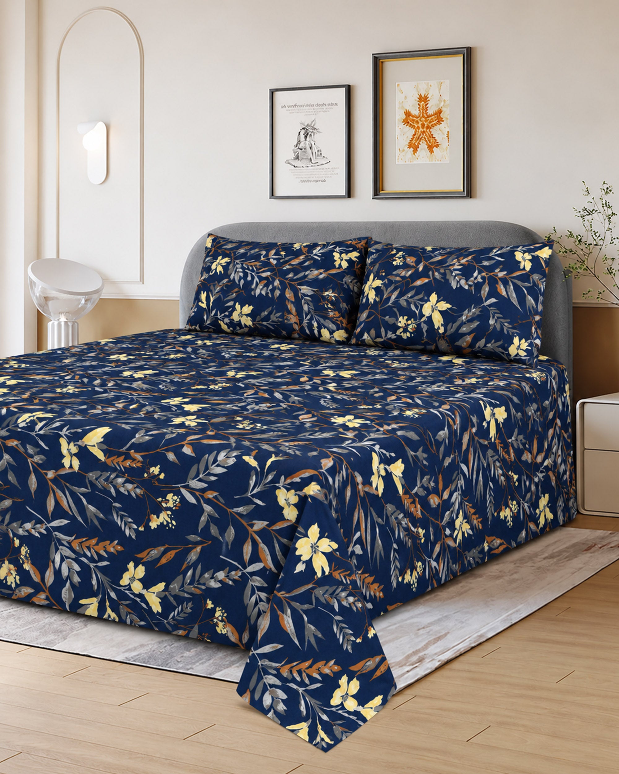 Printed Cotton Double Bed Sheets - 3 Pcs - 94 x 98 Inch