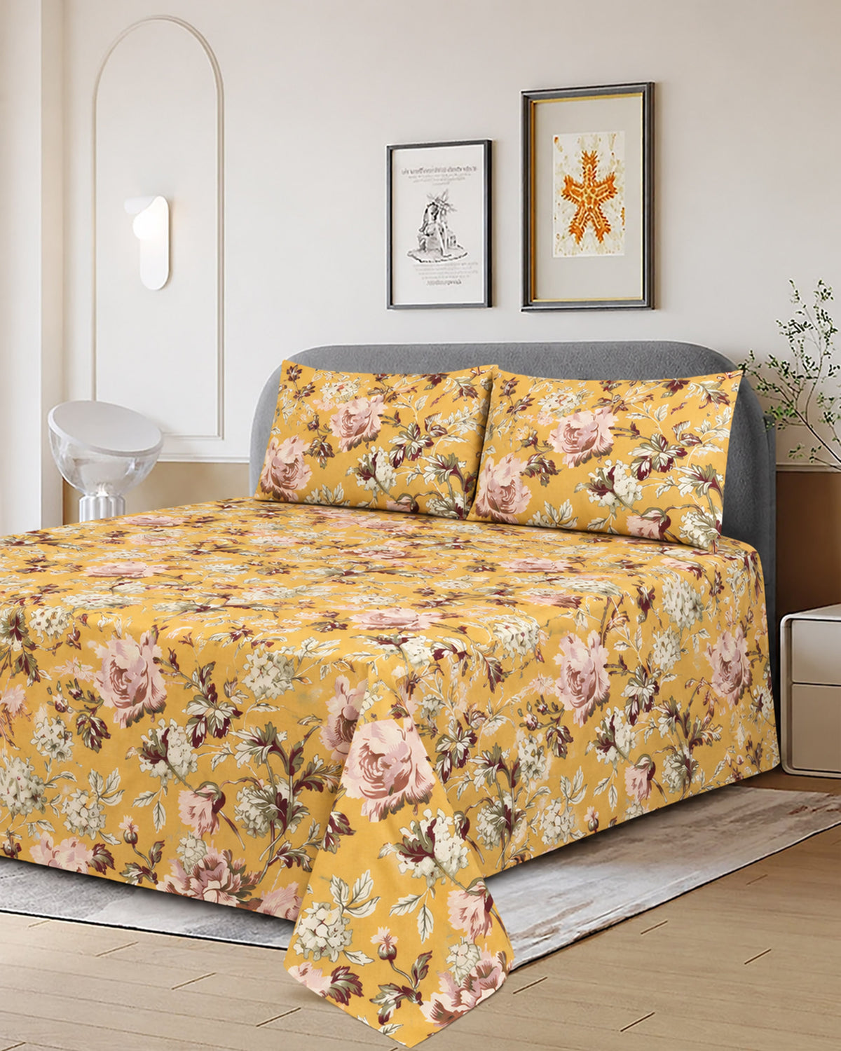 Printed Cotton Double Bed Sheets - 3 Pcs - 94 x 98 Inch