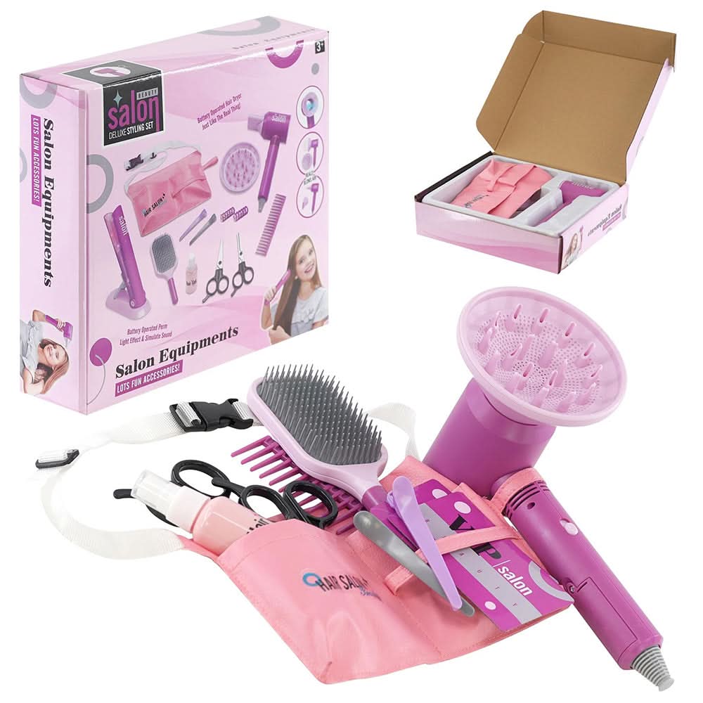Girls Beauty Hair Salon Toy Kit with Hairdryer, Straightener & Styling Accessories, Kids Cosmetic & Kitchen Sets, Chase Value, Chase Value