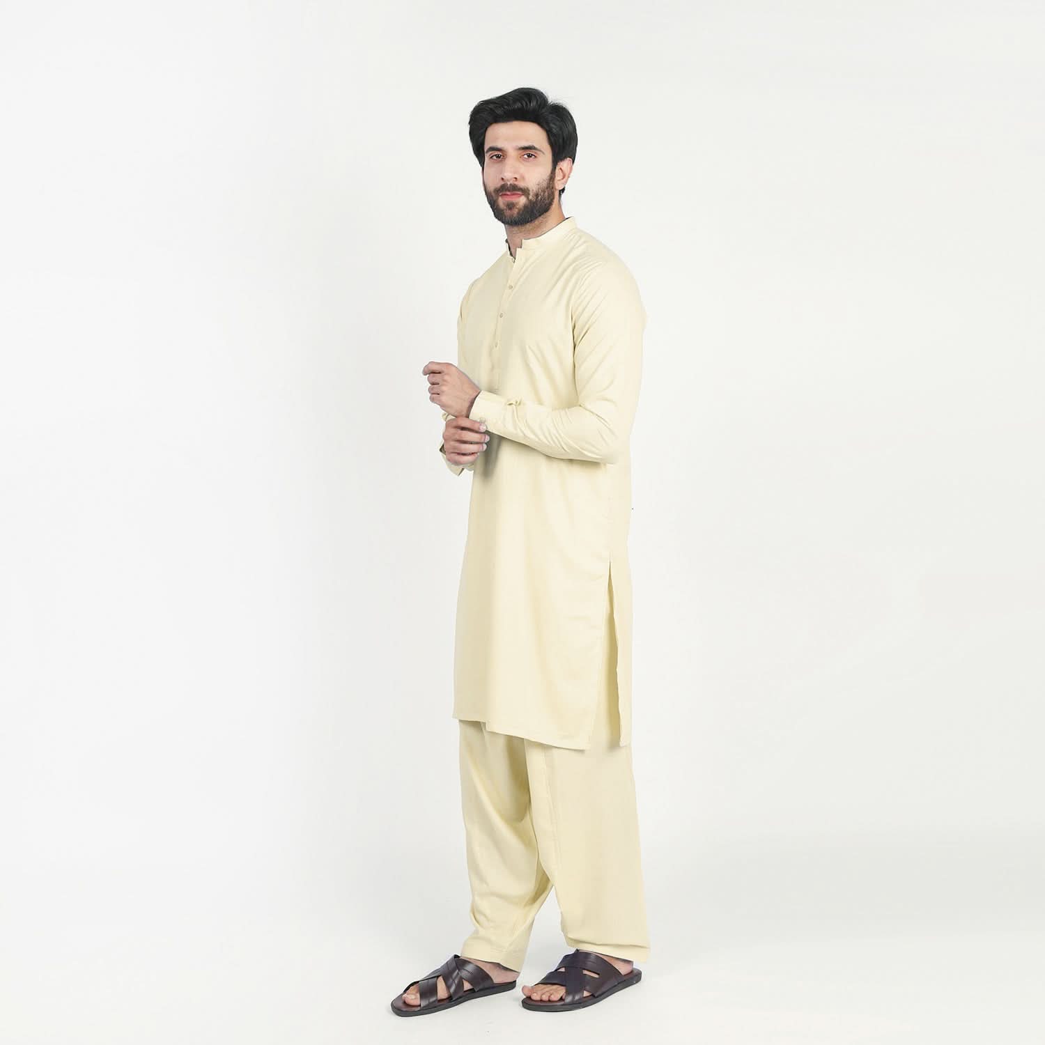 Men's Slim Fit Kurta Shalwar Suit - Cream, Men's Shalwar Kameez, Chase Value, Chase Value