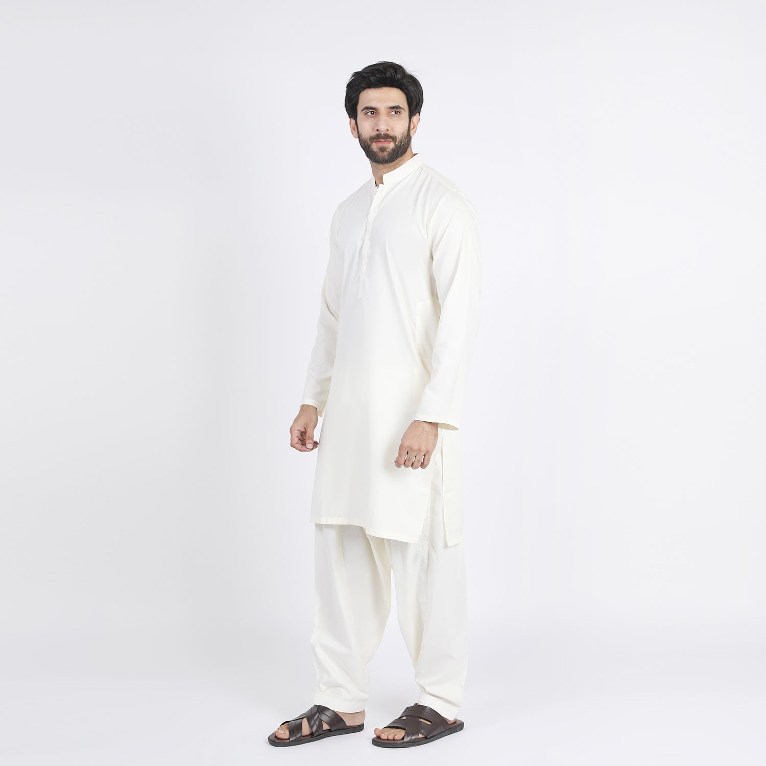Men's Slim Fit Kurta Shalwar Suit - Cream, Men's Shalwar Kameez, Chase Value, Chase Value