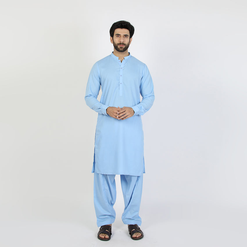 Men's Slim Fit Embroidered Shalwar Suit - Blue