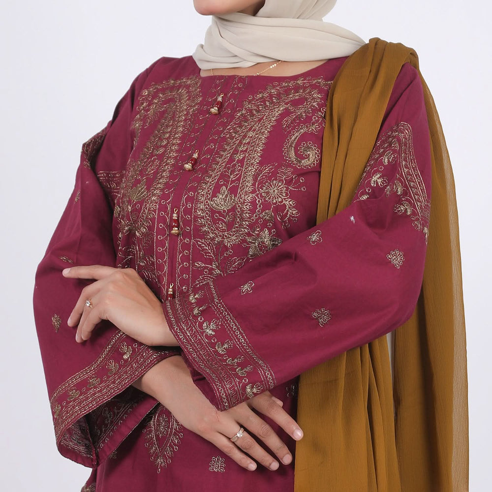 Women's Embroidered 3 Pcs Suit - Maroon, Women Shalwar Suits, Chase Value, Chase Value
