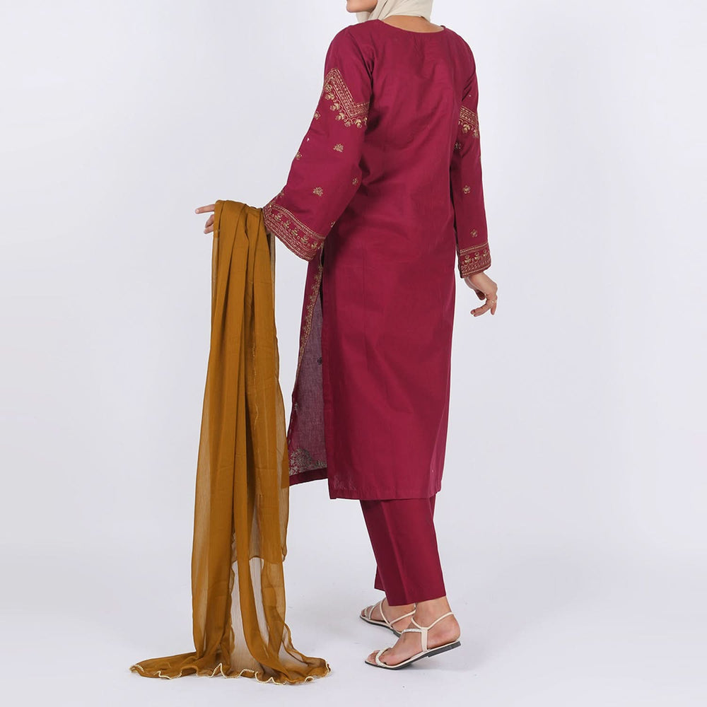 Women's Embroidered 3 Pcs Suit - Maroon, Women Shalwar Suits, Chase Value, Chase Value