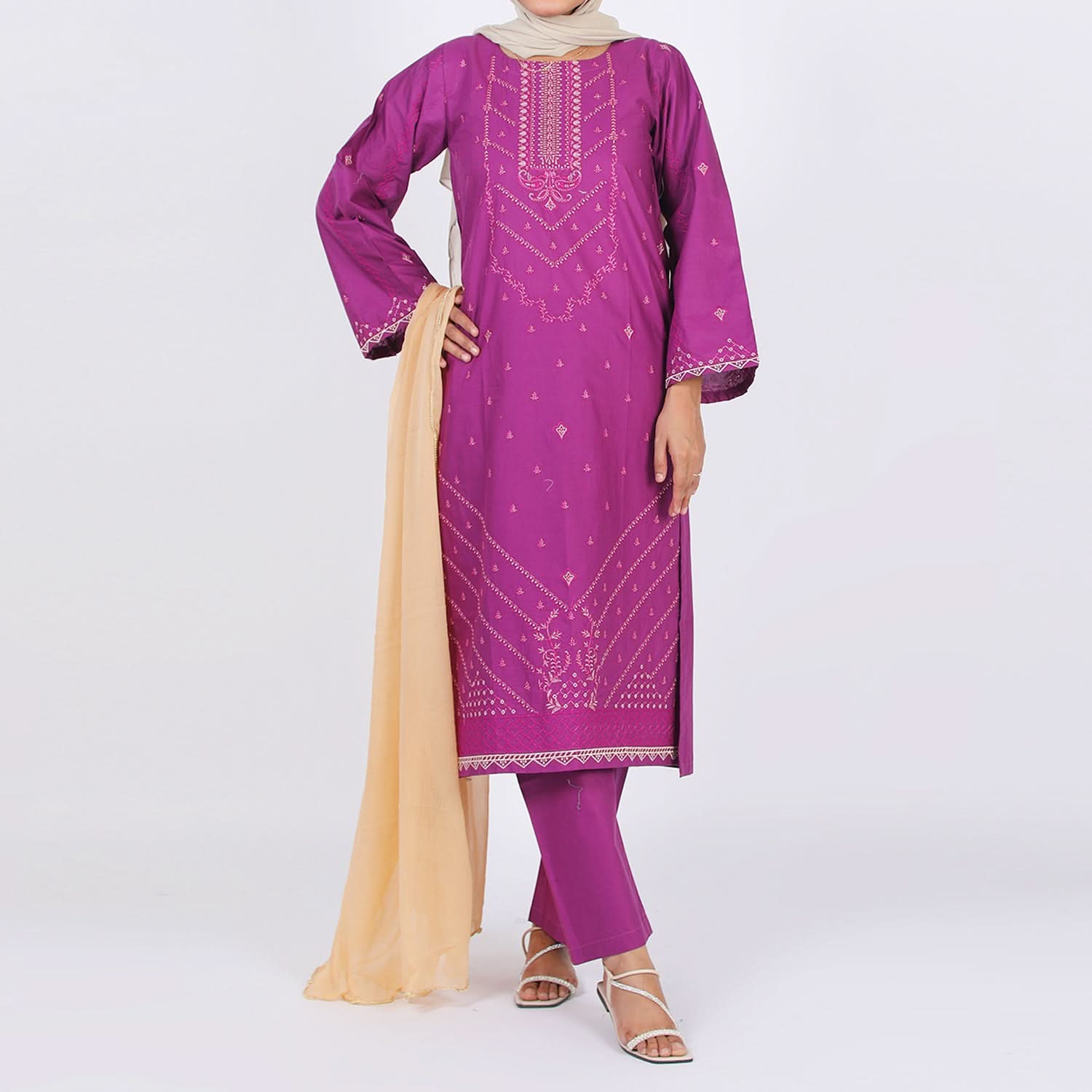 Women's Embroidered Cotton 3Pcs Suit - Purple, Women Shalwar Suits, Chase Value, Chase Value
