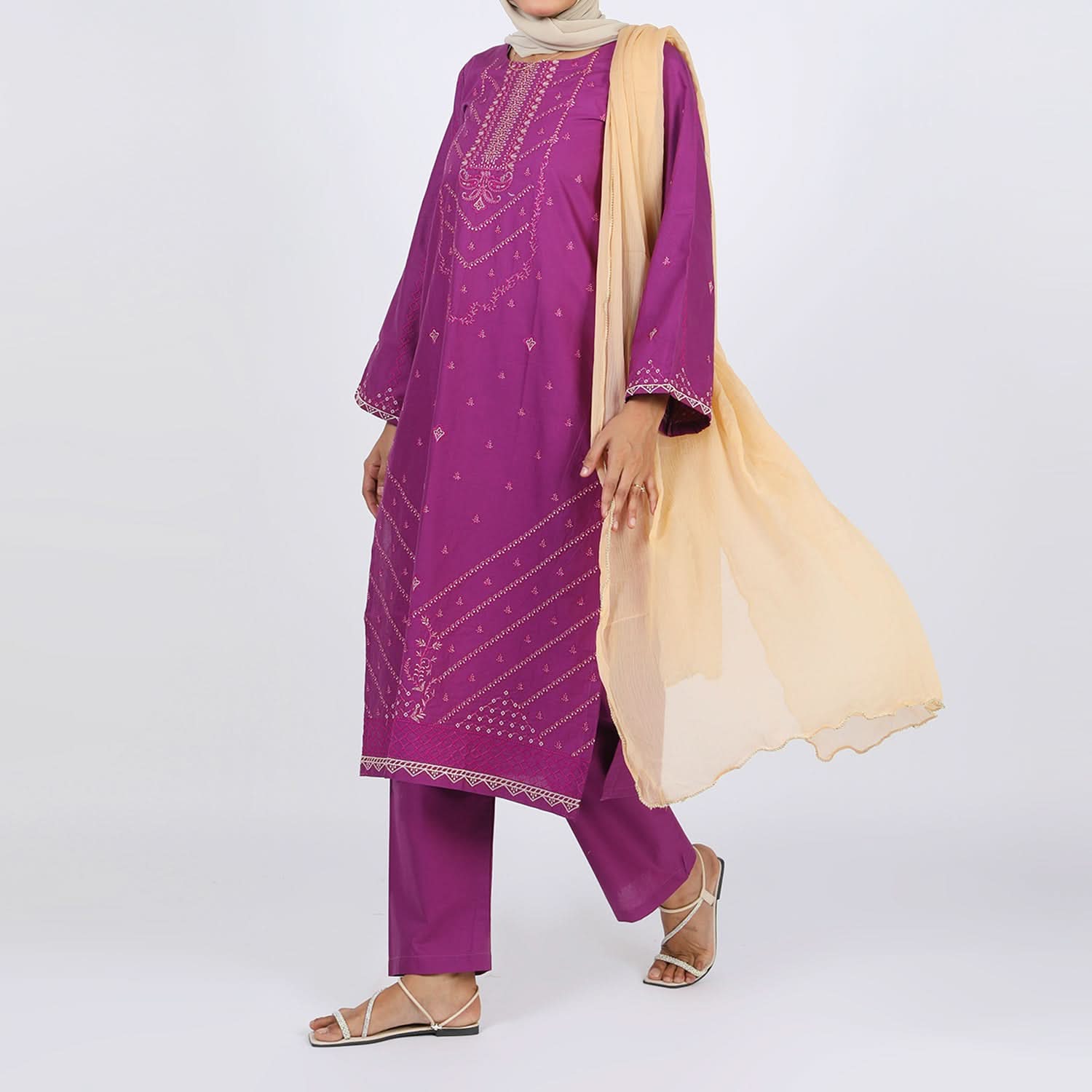 Women's Embroidered Cotton 3Pcs Suit - Purple, Women Shalwar Suits, Chase Value, Chase Value