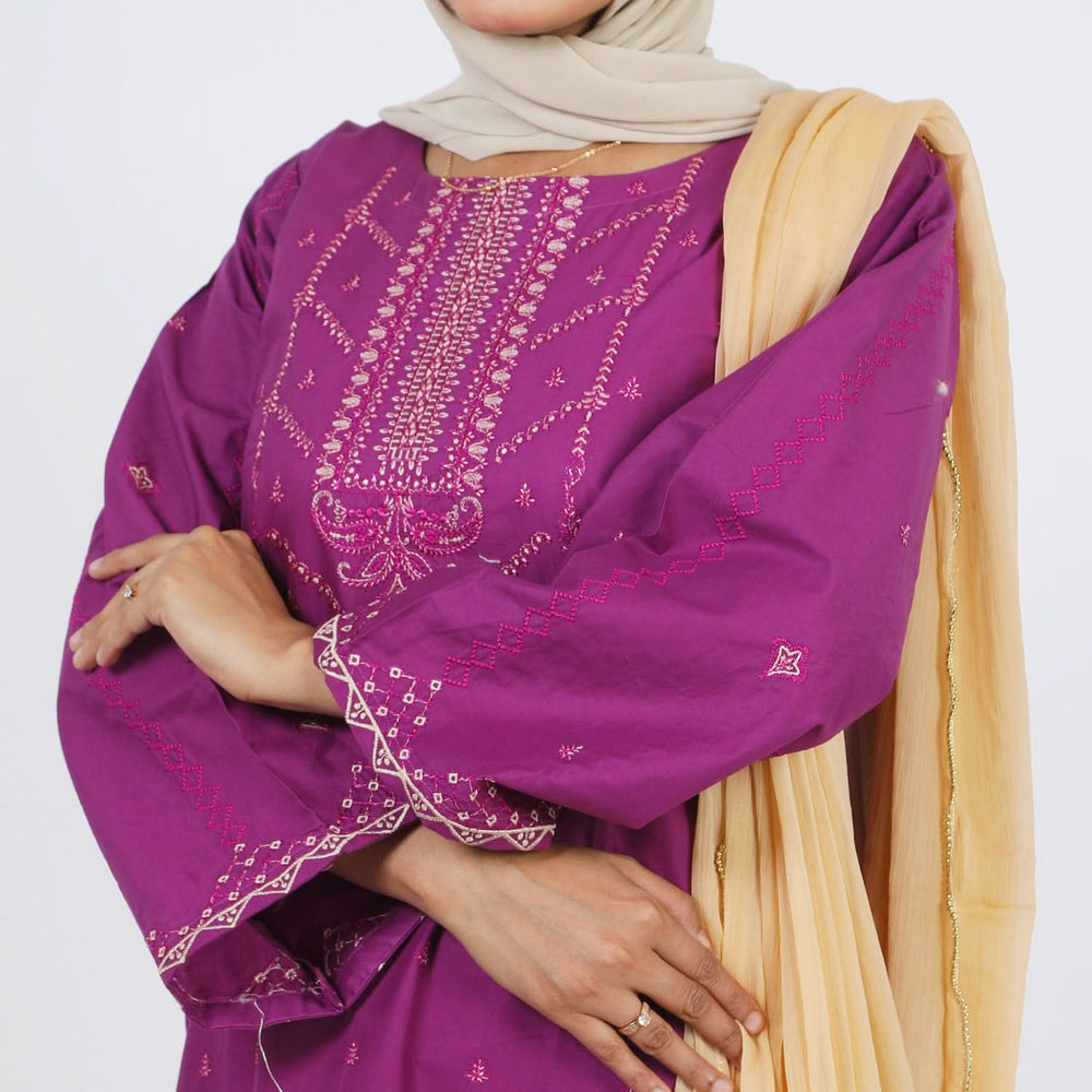 Women's Embroidered Cotton 3Pcs Suit - Purple, Women Shalwar Suits, Chase Value, Chase Value