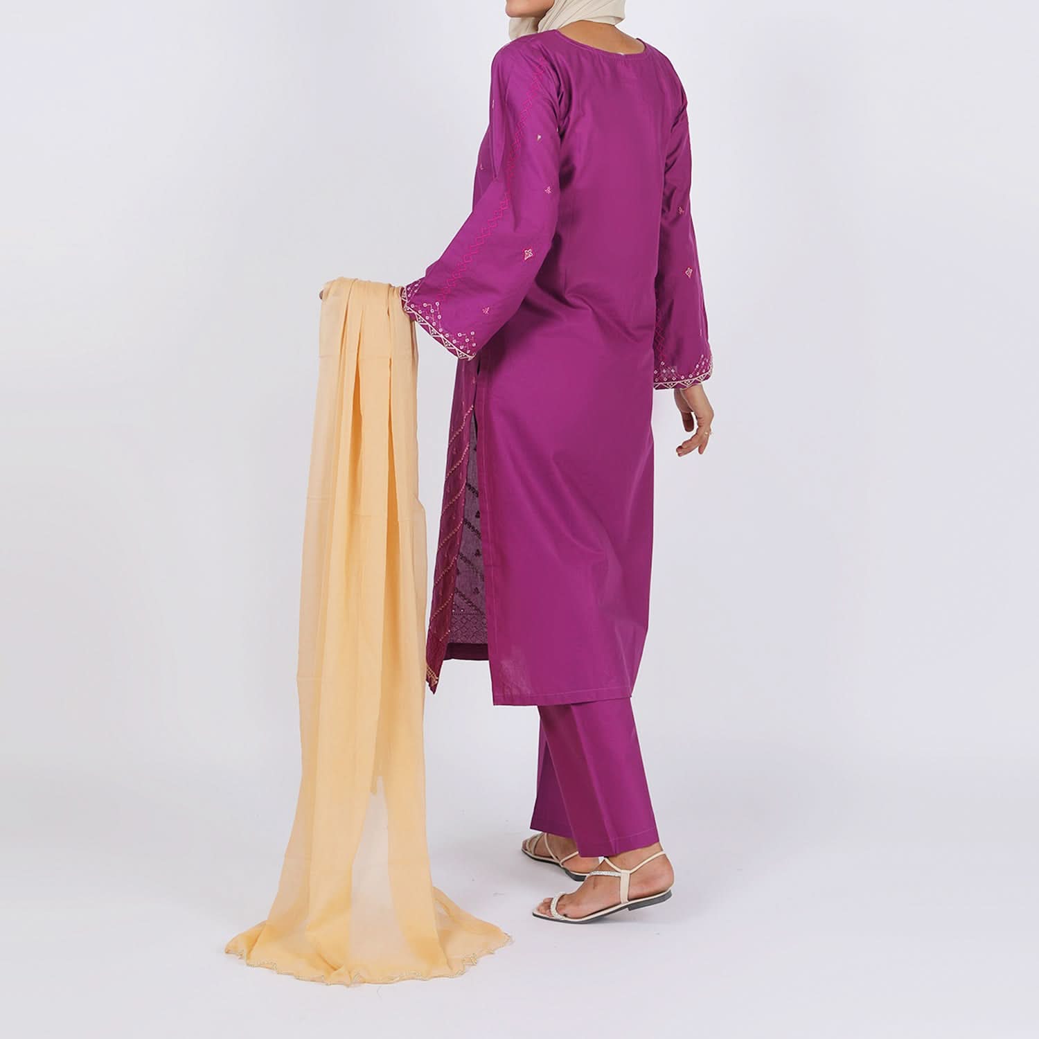 Women's Embroidered Cotton 3Pcs Suit - Purple, Women Shalwar Suits, Chase Value, Chase Value