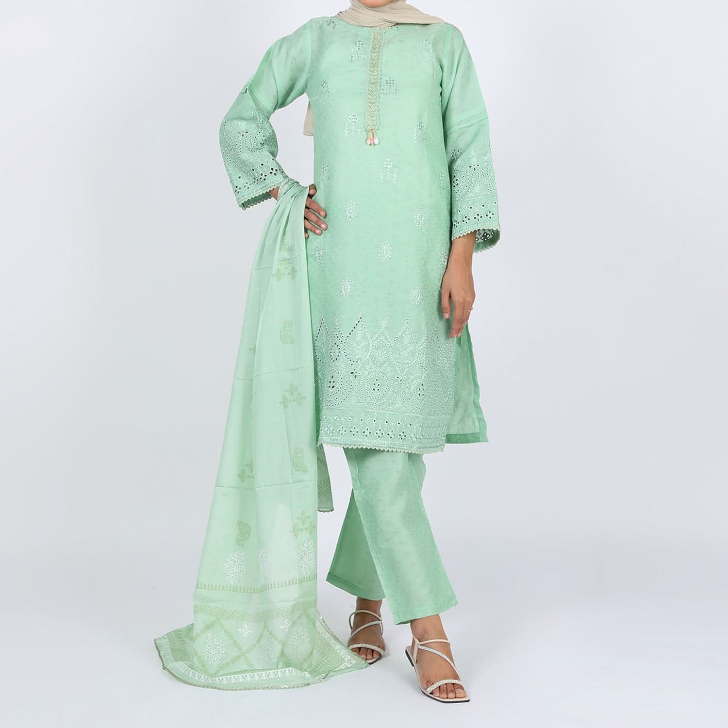 Women's Jacquard 3Pcs Suit - Light Green, Women Shalwar Suits, Chase Value, Chase Value