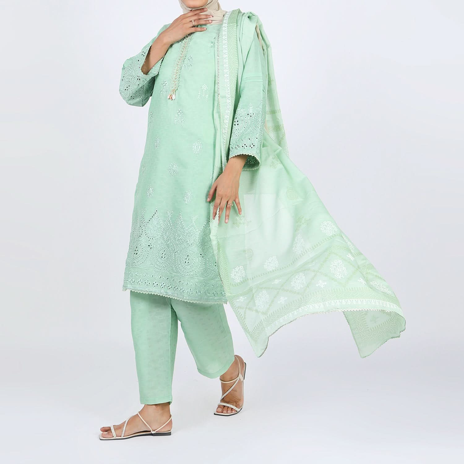 Women's Jacquard 3Pcs Suit - Light Green, Women Shalwar Suits, Chase Value, Chase Value