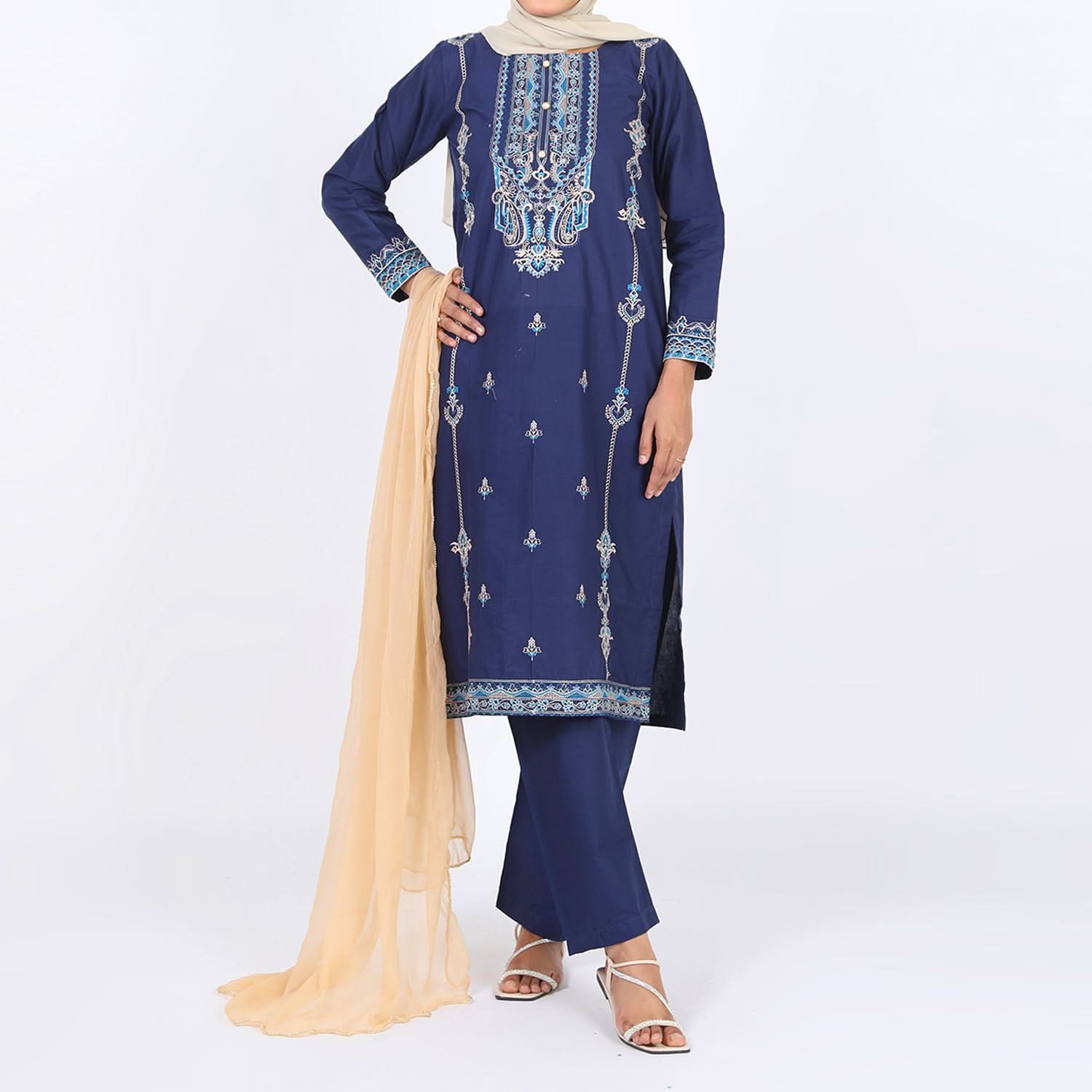 Women's Embroidered 3 Pcs Suit - Blue, Women Shalwar Suits, Chase Value, Chase Value