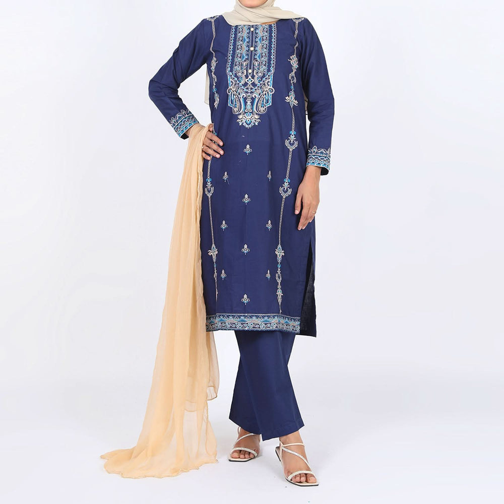 Women's Embroidered 3 Pcs Suit - Blue, Women Shalwar Suits, Chase Value, Chase Value