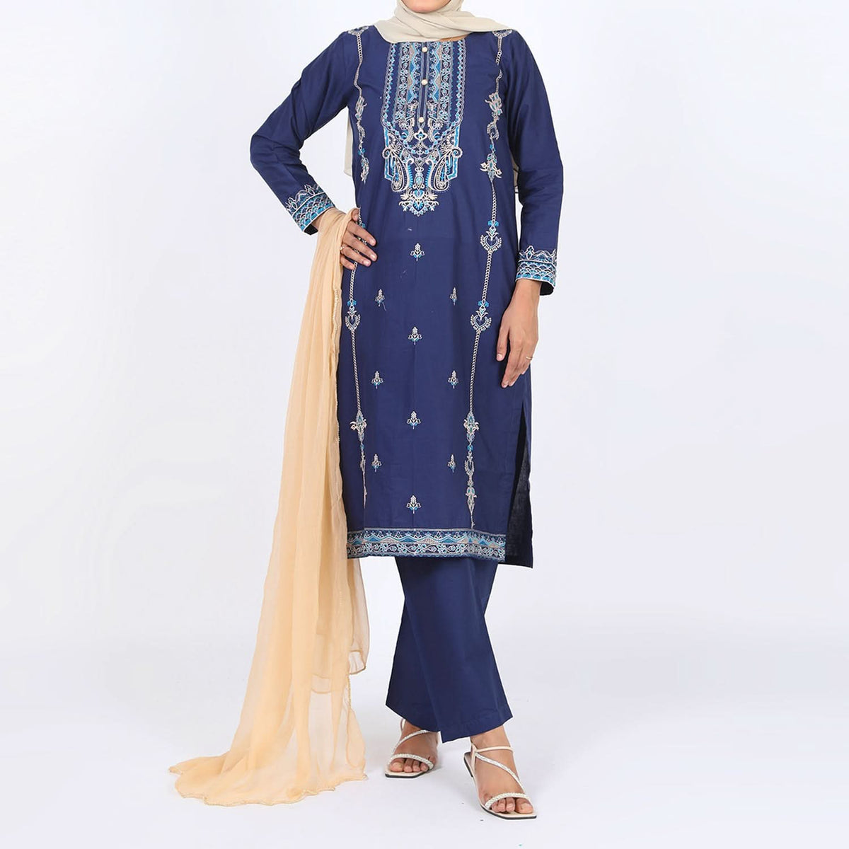 Women's Embroidered 3 Pcs Suit - Blue, Women Shalwar Suits, Chase Value, Chase Value