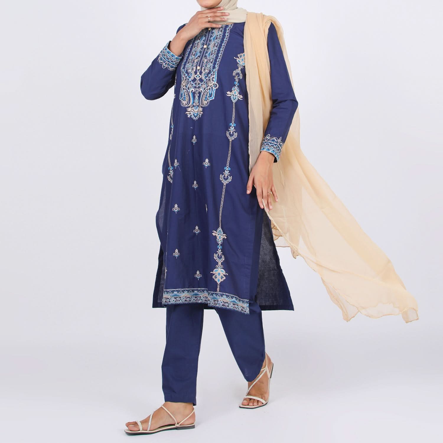 Women's Embroidered 3 Pcs Suit - Blue, Women Shalwar Suits, Chase Value, Chase Value
