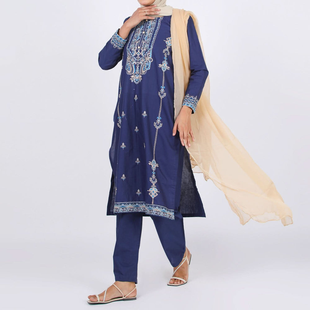 Women's Embroidered 3 Pcs Suit - Blue, Women Shalwar Suits, Chase Value, Chase Value