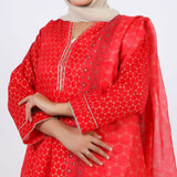 Women’s Stitched 3-Piece Cotton Suit – Red, Women Shalwar Suits, Chase Value, Chase Value