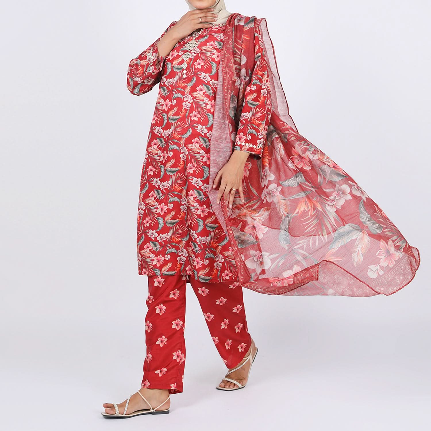 Women's Lawn Printed Embroidered 3Pcs Suit - Maroon, Women Shalwar Suits, Chase Value, Chase Value