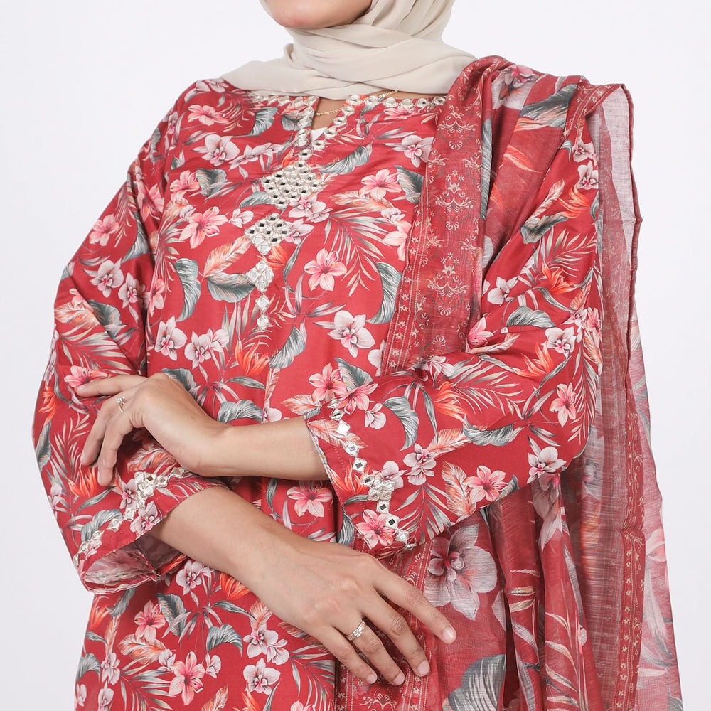 Women's Lawn Printed Embroidered 3Pcs Suit - Maroon, Women Shalwar Suits, Chase Value, Chase Value