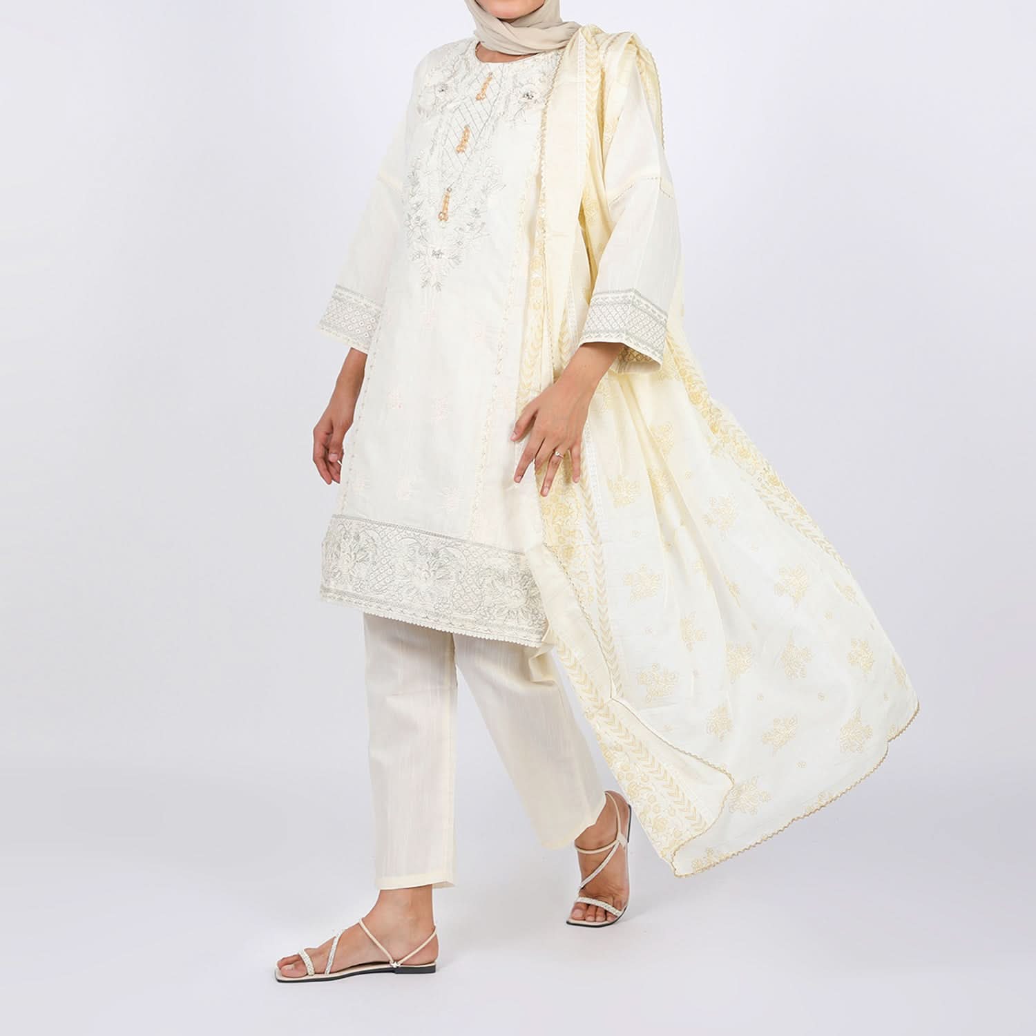 Women's Embroidered Jacquard 3Pcs Suit - Cream, Women Shalwar Suits, Chase Value, Chase Value