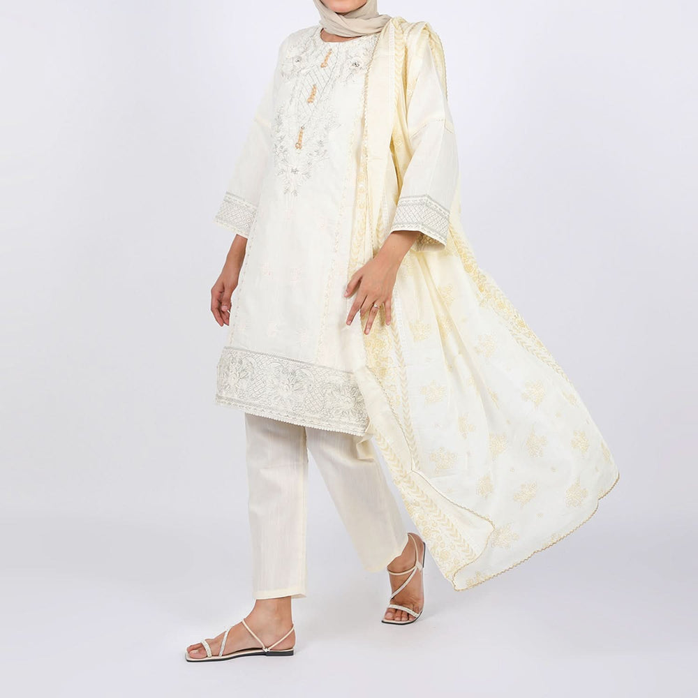 Women's Embroidered Jacquard 3Pcs Suit - Cream, Women Shalwar Suits, Chase Value, Chase Value