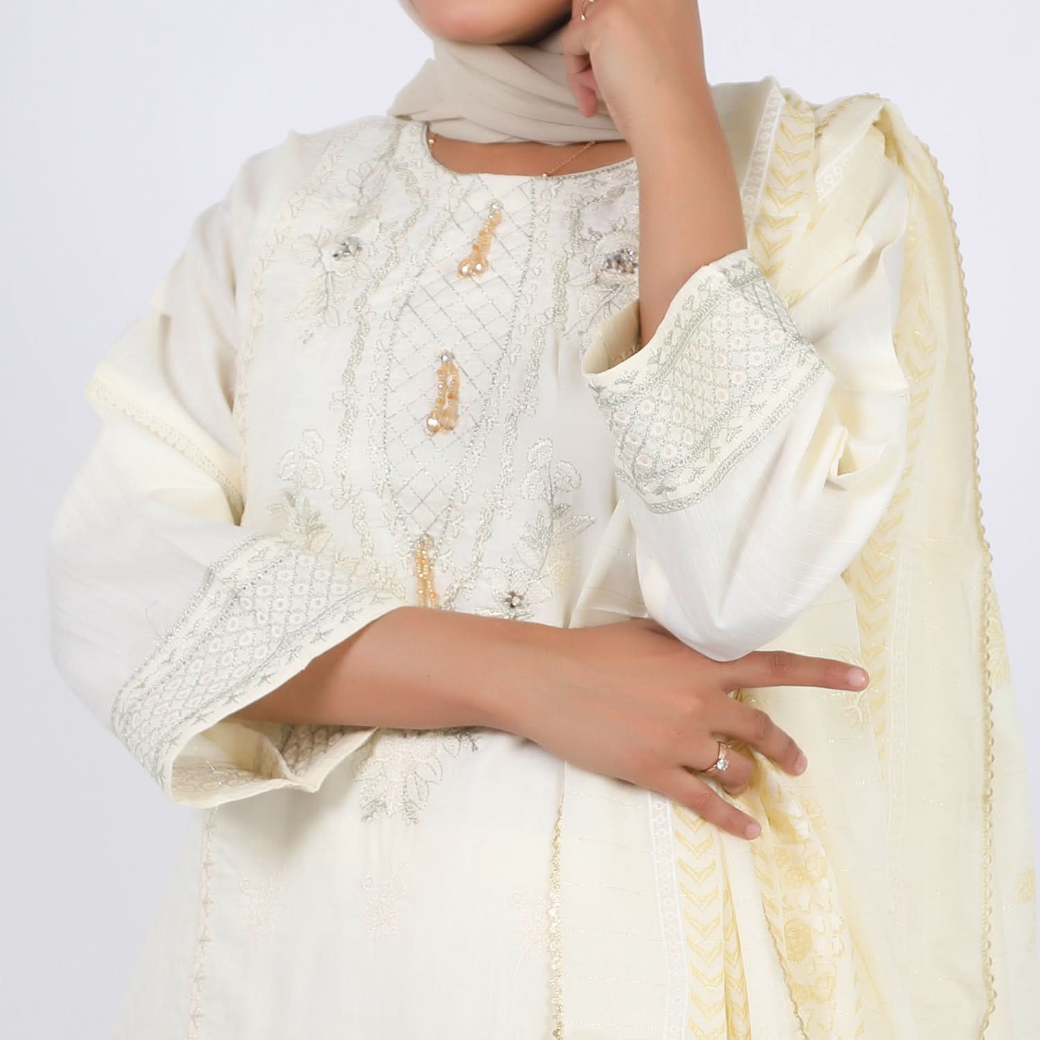 Women's Embroidered Jacquard 3Pcs Suit - Cream, Women Shalwar Suits, Chase Value, Chase Value