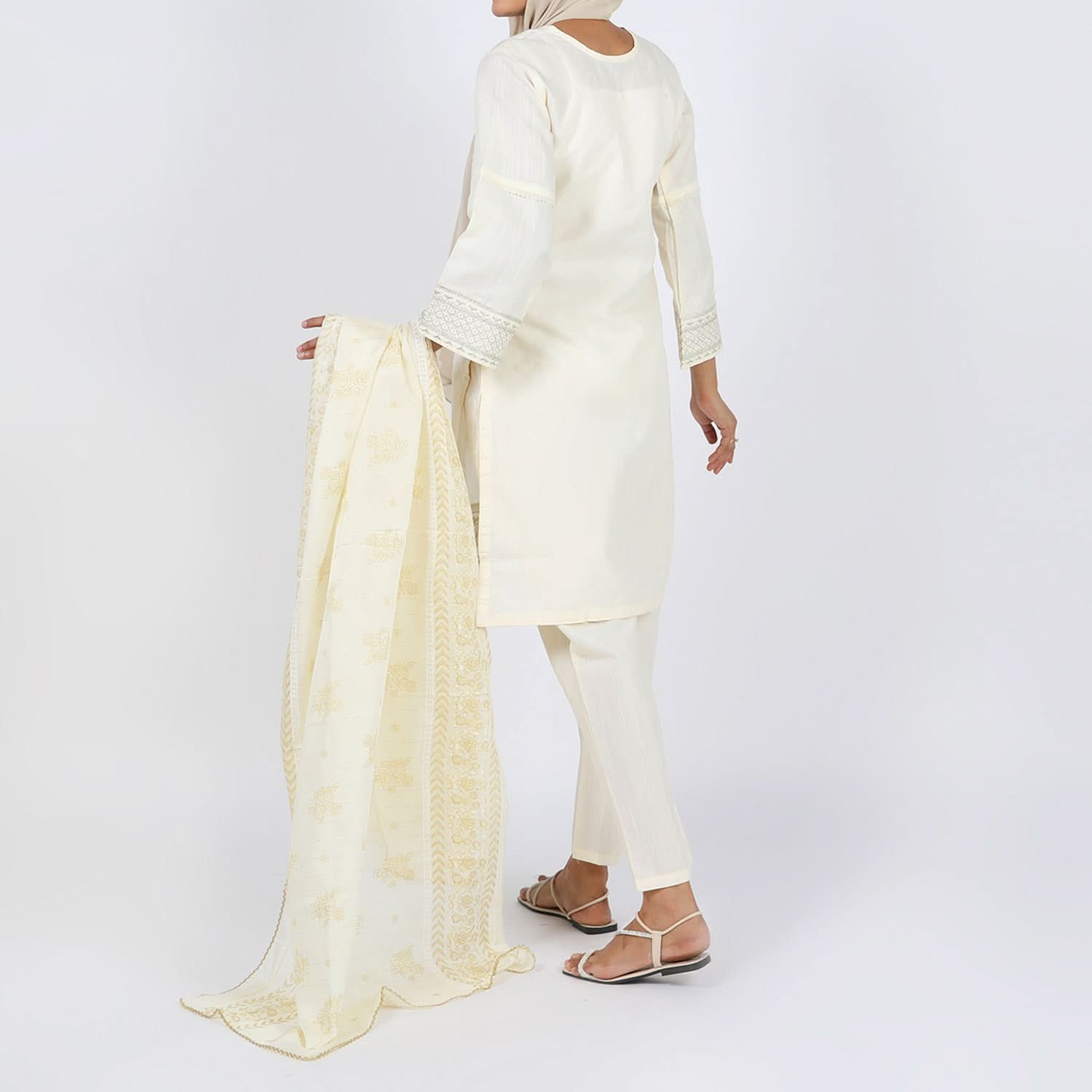 Women's Embroidered Jacquard 3Pcs Suit - Cream, Women Shalwar Suits, Chase Value, Chase Value