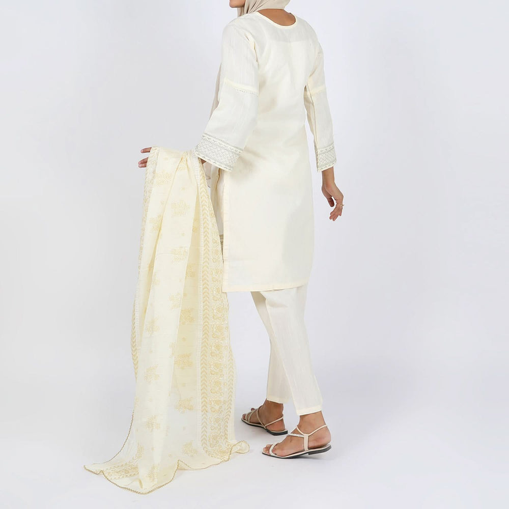 Women's Embroidered Jacquard 3Pcs Suit - Cream, Women Shalwar Suits, Chase Value, Chase Value