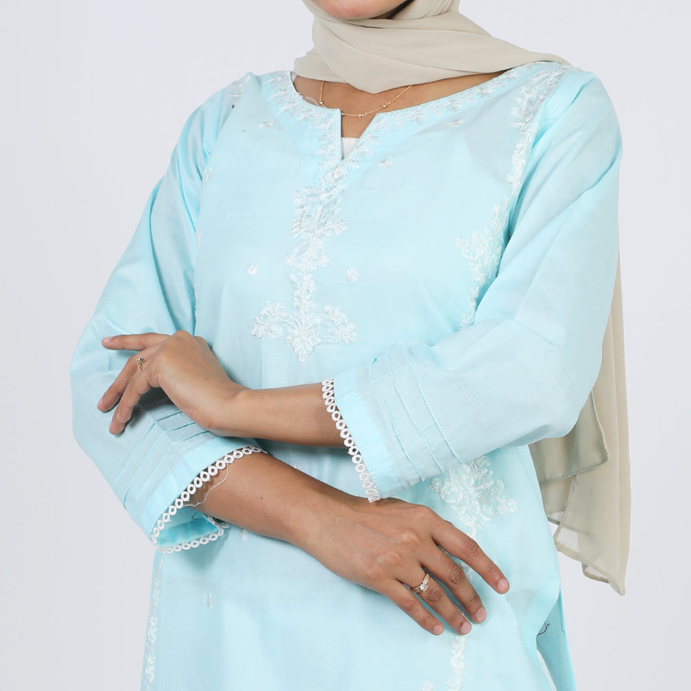 Women's Embroidered Kurti - Sky Blue, Women Ready Kurtis, Chase Value, Chase Value