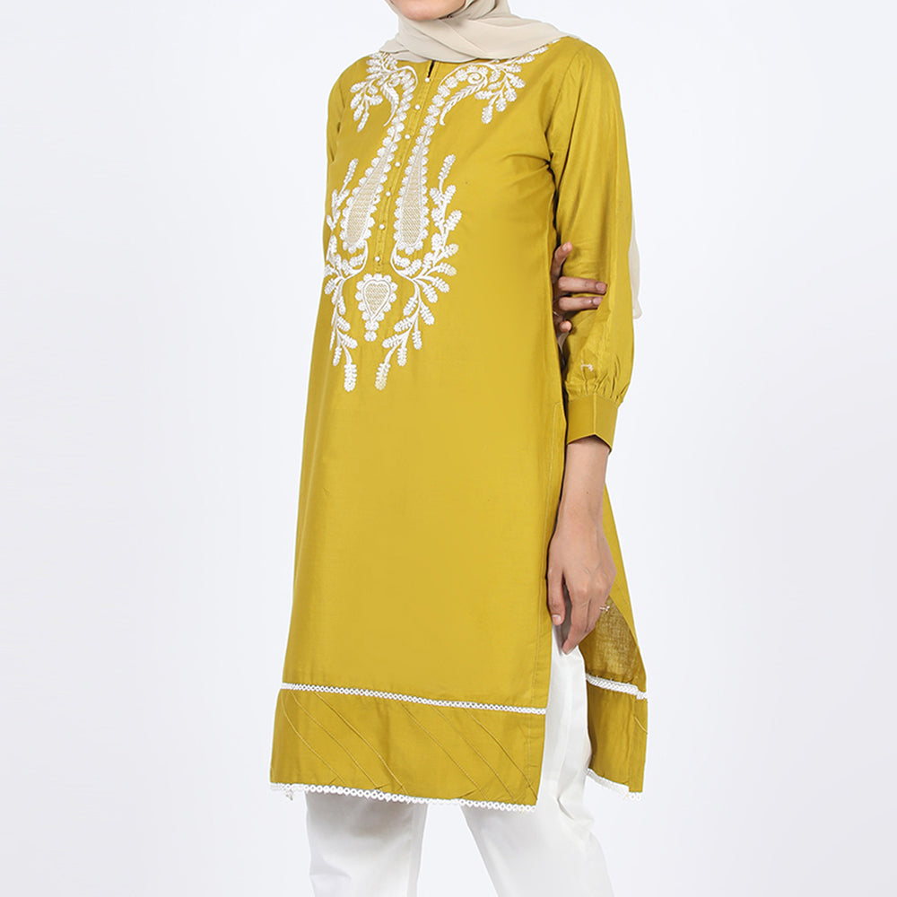 Women's Embroidered Kurti - Mustard, Women Ready Kurtis, Chase Value, Chase Value