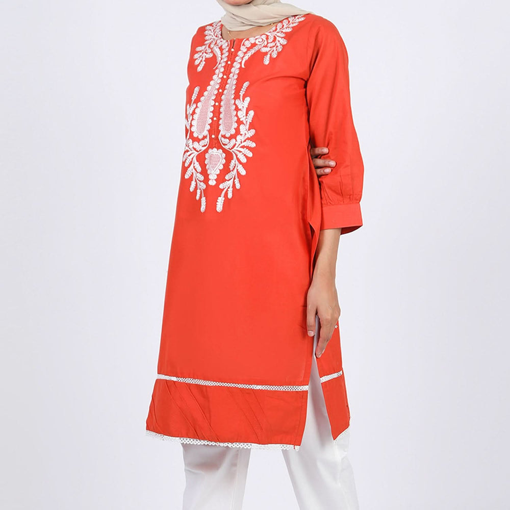 Women's Embroidered Kurti - Rust, Women Ready Kurtis, Chase Value, Chase Value