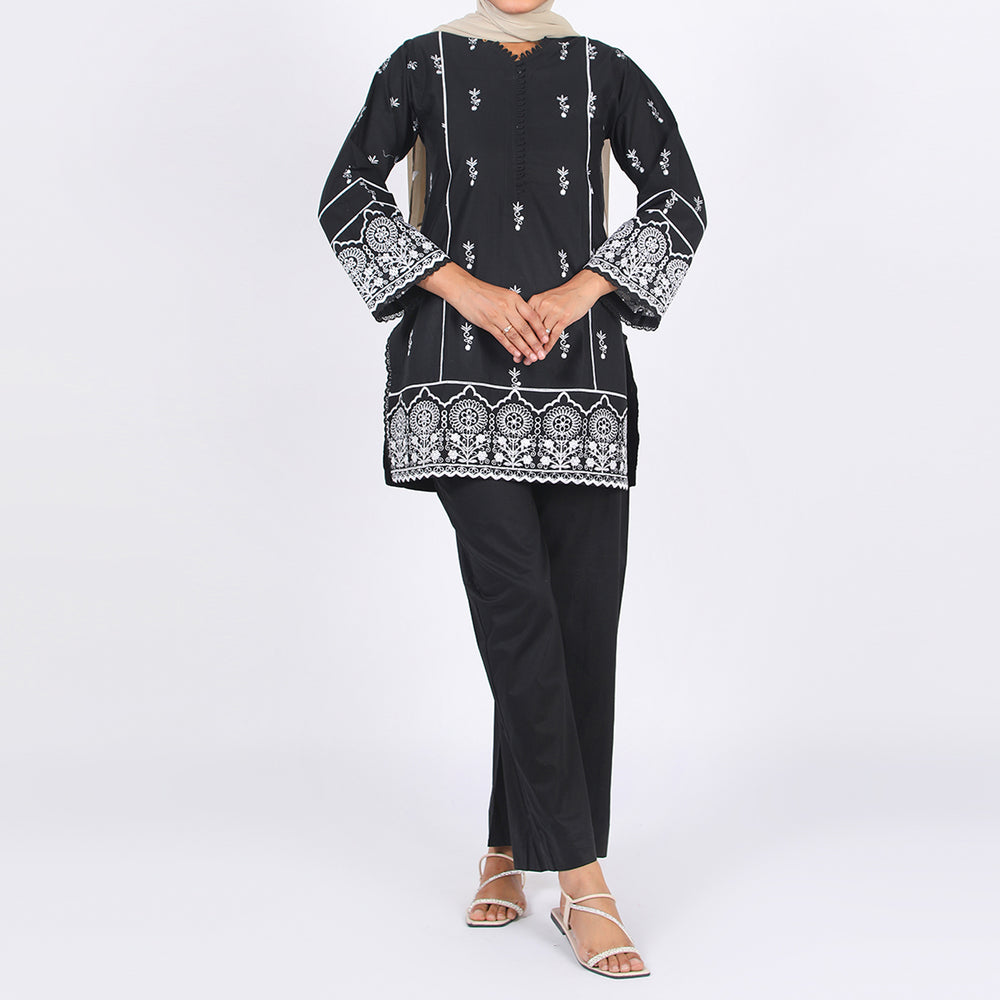 Women’s Stitched 2-Piece Cotton Suit – Black & White, Women Shalwar Suits, Eminent, Chase Value