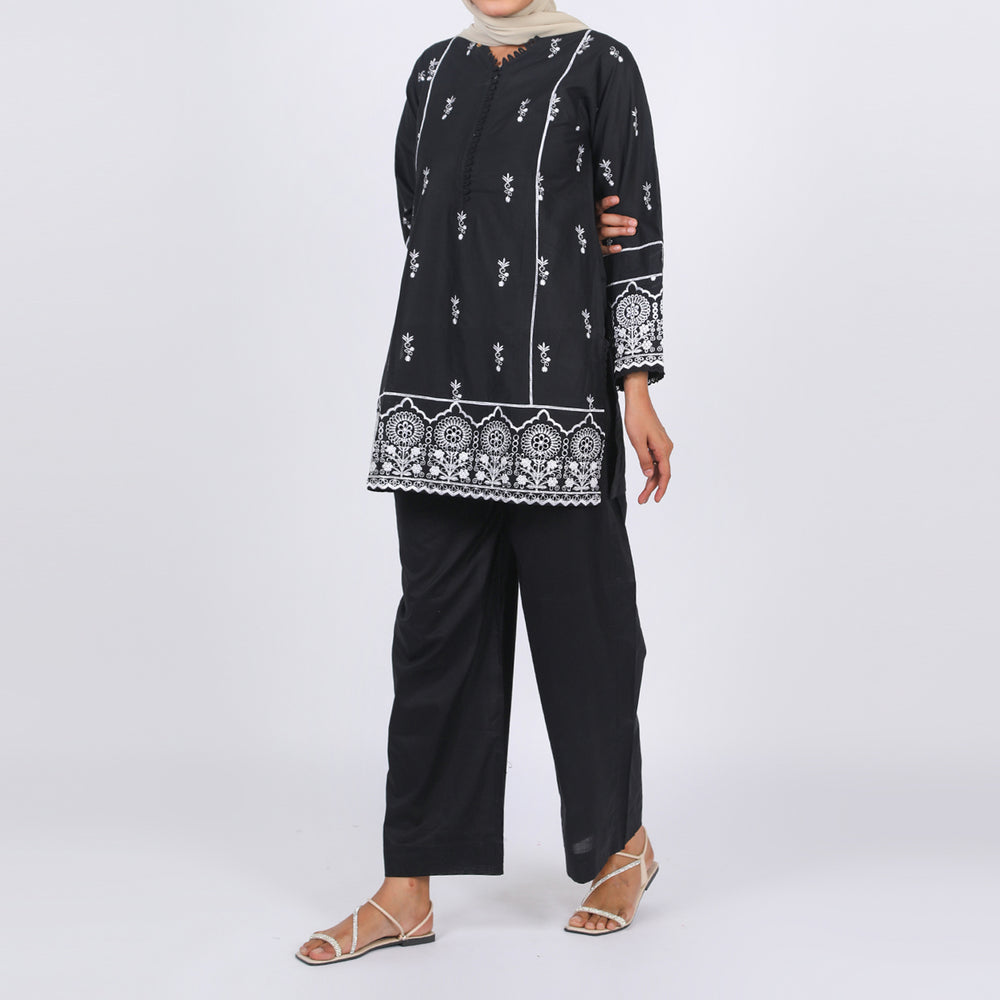 Women’s Stitched 2-Piece Cotton Suit – Black & White, Women Shalwar Suits, Eminent, Chase Value