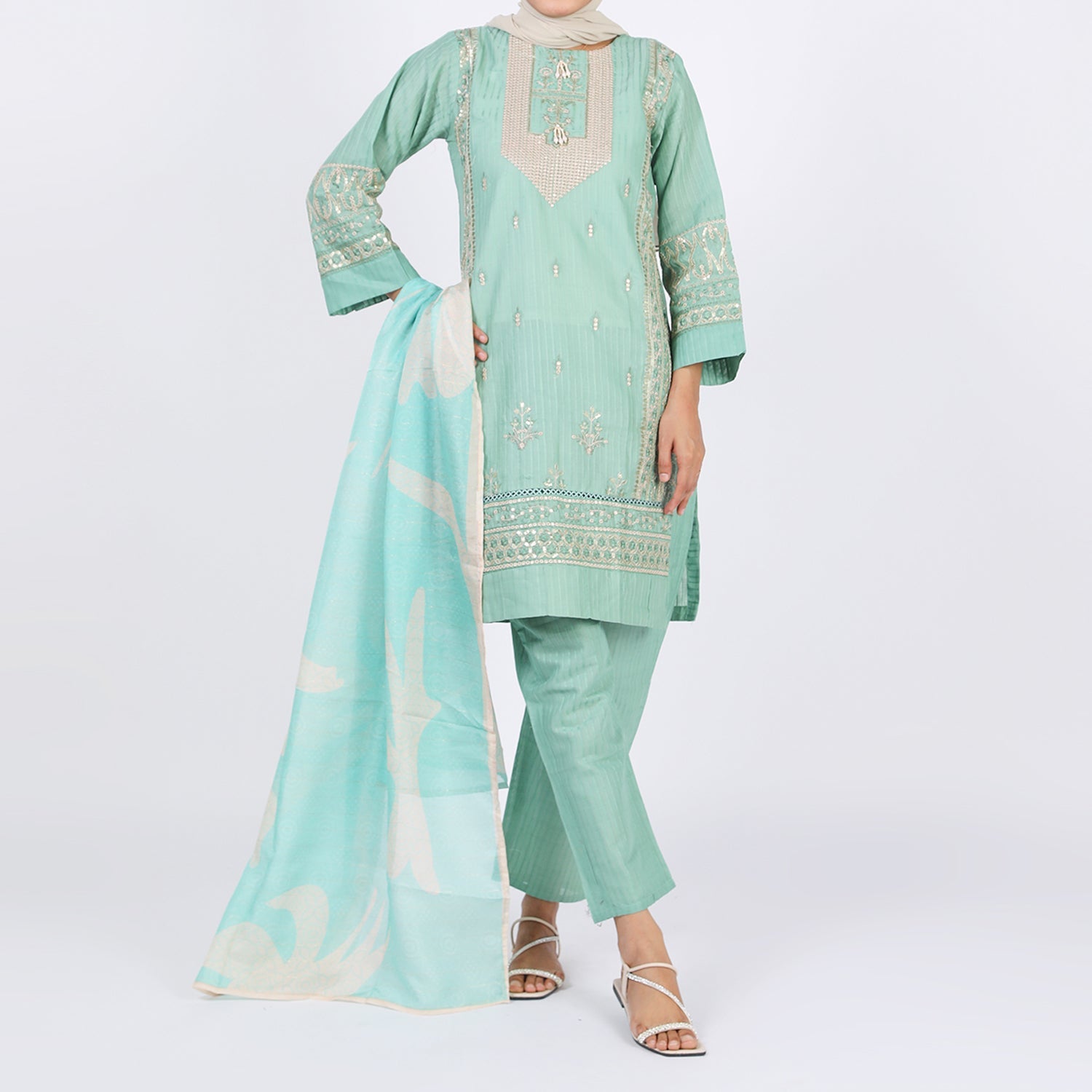 Women’s Stitched 3-Piece Doriya Suit – Green, Women Shalwar Suits, Chase Value, Chase Value